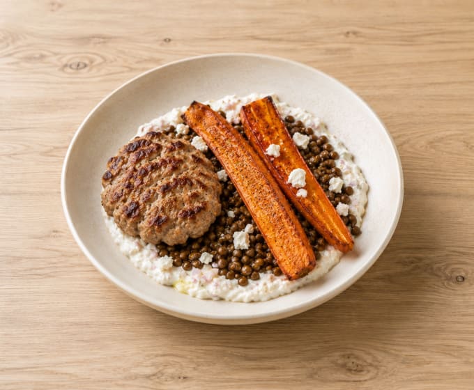 Haché de veau, carottes rôties, lentille & feta
