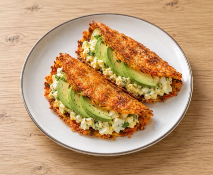 Tacos de carotte au fromage, œufs crémeux et avocat