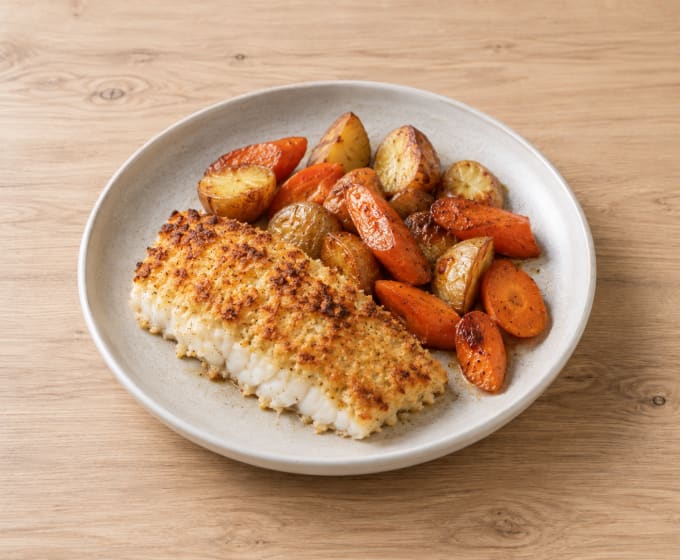 Cabillaud en croûte de parmesan & légumes rôtis