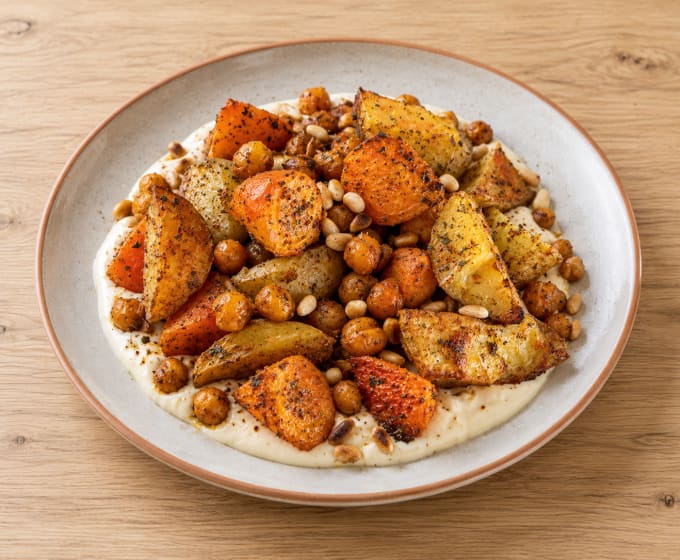 Carottes & pommes de terre rôties, sauce proteiné à l’ail