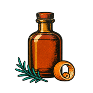 Kräuterlikörflasche mit Orange und Kräuterzweig