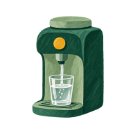 Freigestellter grüner Wasserspender mit Glas