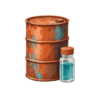 Freigestelltes Chemikalienfass mit Probenglas; freie redaktionelle Illustration