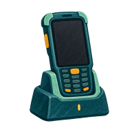 Freigestelltes mobiles Unternehmensgerät in Ladestation; freie redaktionelle Illustration