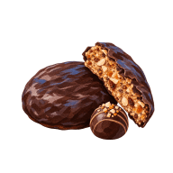 Aufgebrochener schokolierter Elisenlebkuchen mit Praline; freie redaktionelle Illustration, keine Darstellung tatsächlicher Produkte oder Betriebsausstattung