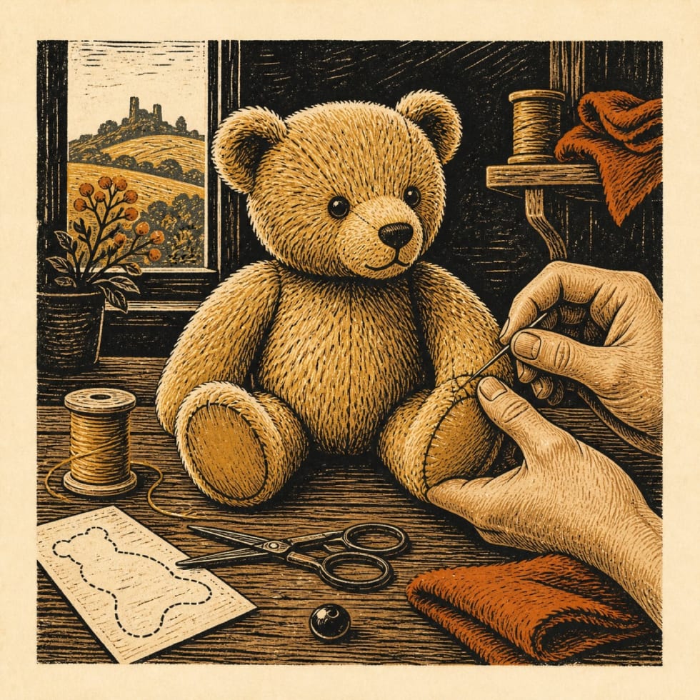 Redaktionelle Illustration zu Teddy-Manufaktur mit eigener Klinik, Schnittmustern und Produktionsgebäude