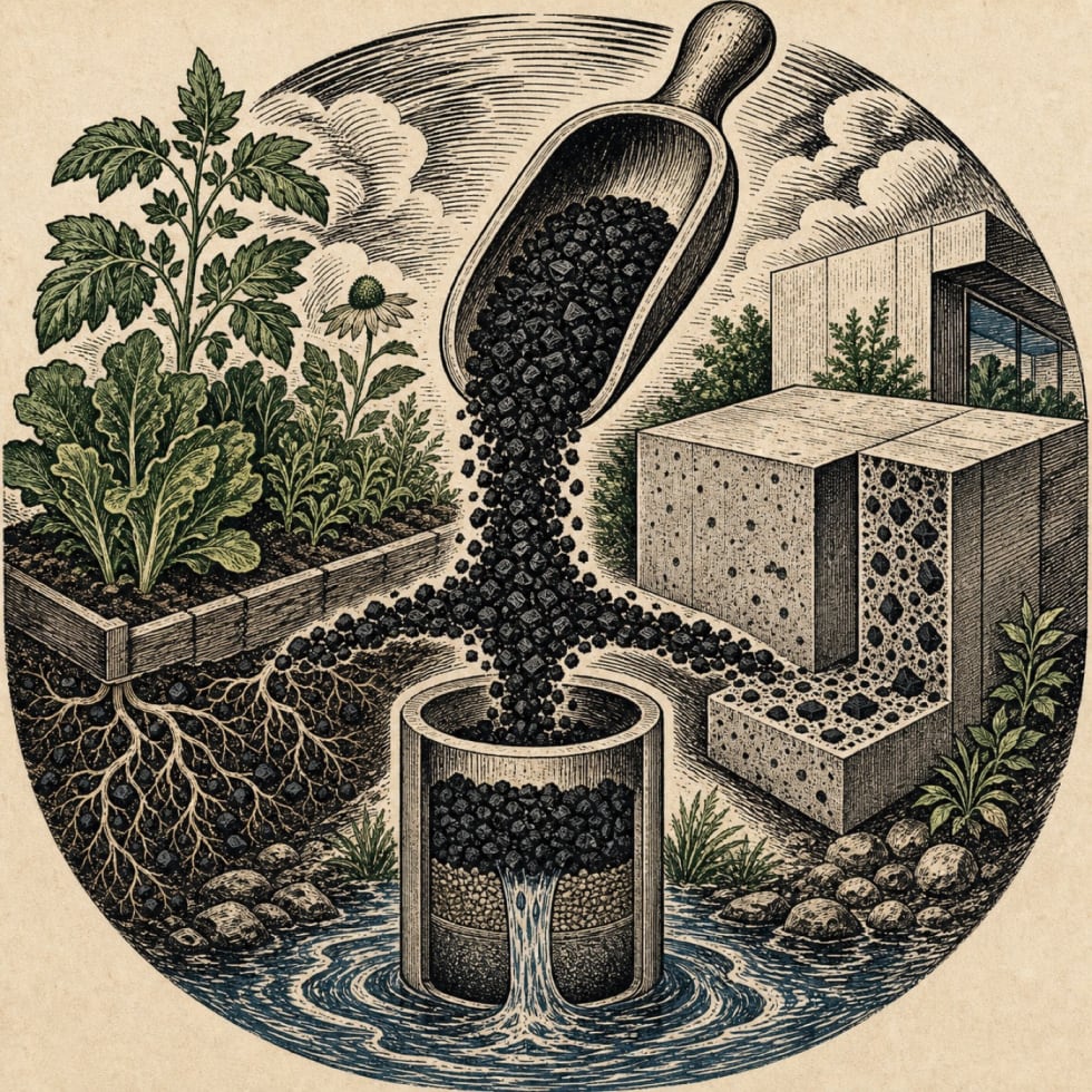 Redaktionelle Illustration zu Carbio: eine geschützte Marke für Pflanzenkohle in Garten, Beton und Filter