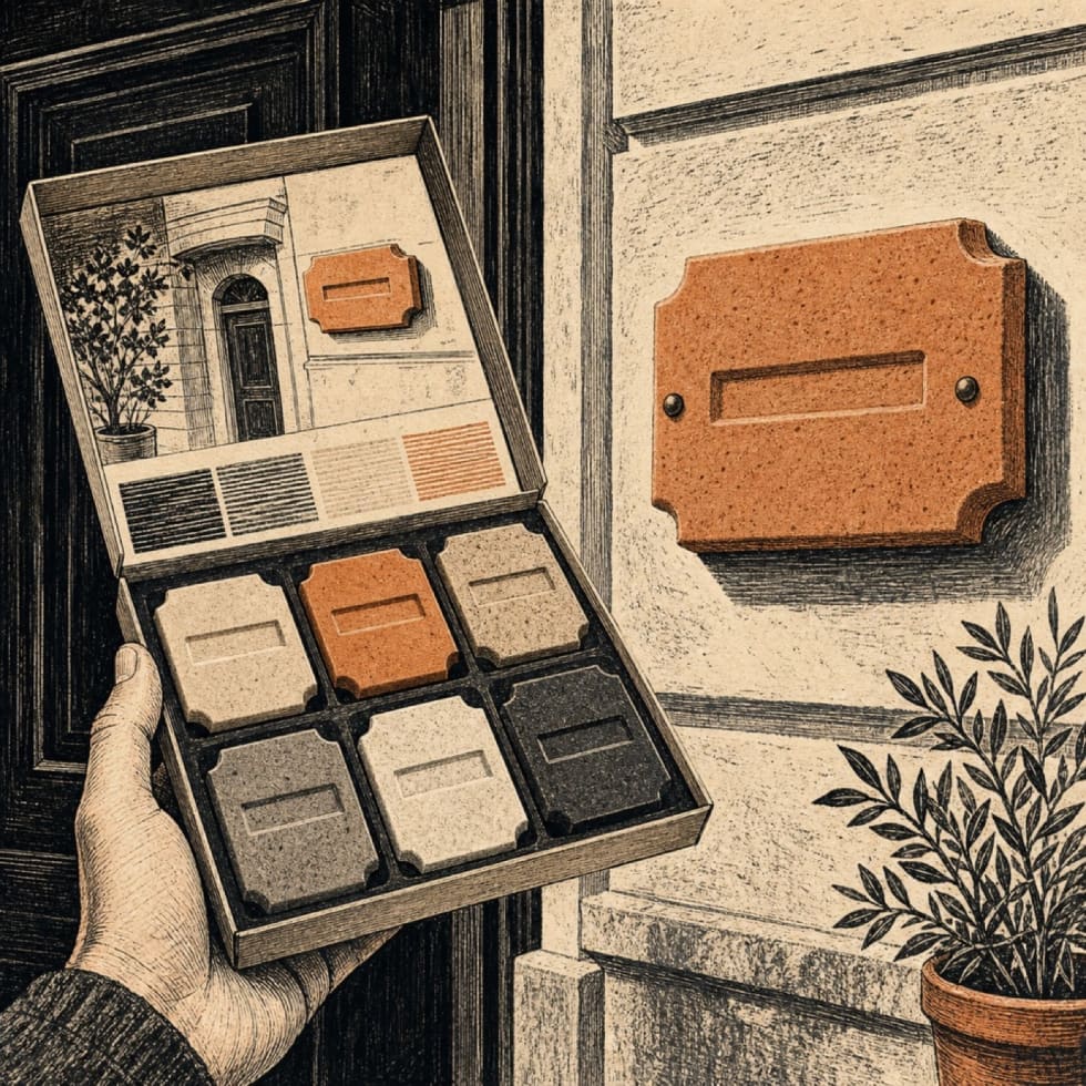 Redaktionelle Illustration zu Naturstein-Hausnummern, die Kunden erst als Miniatur an der Fassade testen