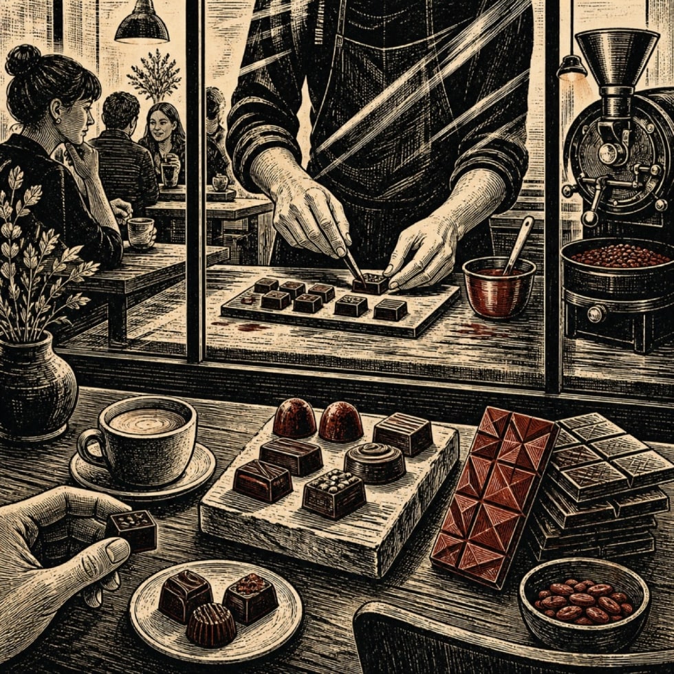Redaktionelle Illustration zu Schokoladenmanufaktur mit gläserner Produktion, Café und eigener Kaffeerösterei