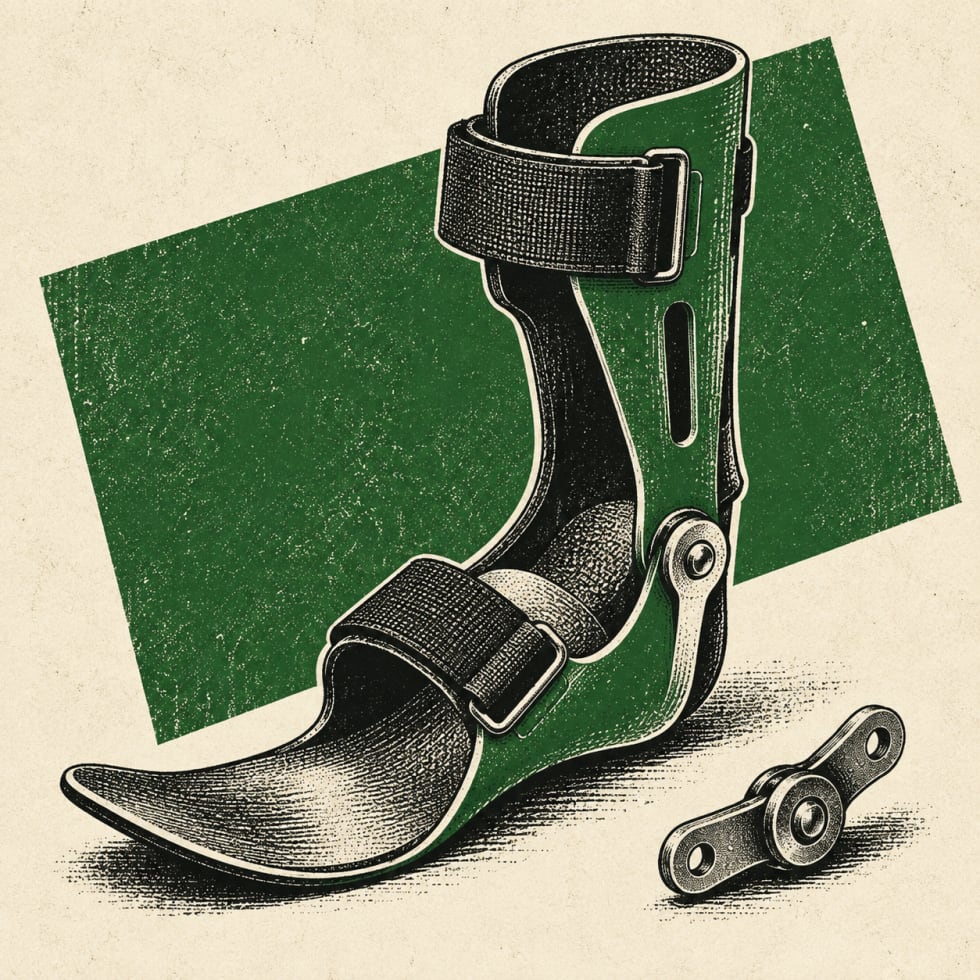 Orthese mit Gelenk als Sinnbild für technische Orthopädie; freie redaktionelle Illustration, keine Darstellung tatsächlicher Produkte oder Betriebsausstattung
