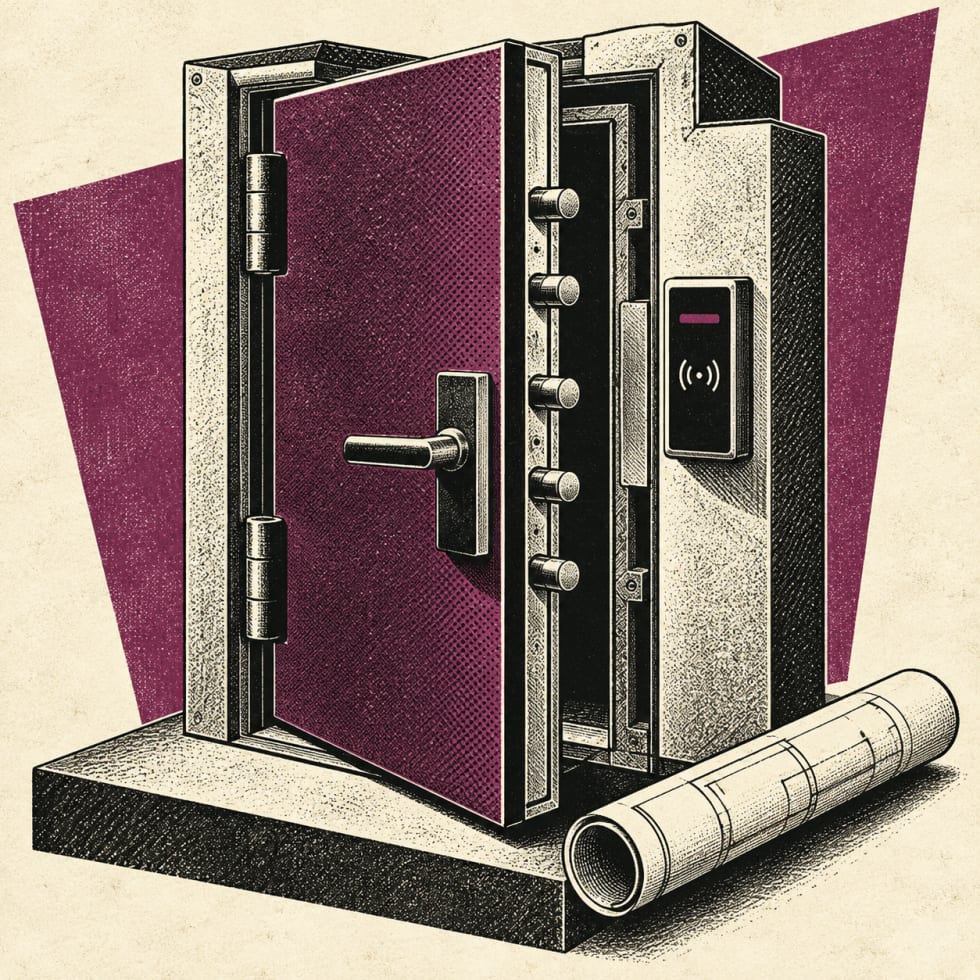 Sicherheitstür als Sinnbild für die Planung geschützter Räume; freie redaktionelle Illustration, keine Darstellung tatsächlicher Produkte oder Betriebsausstattung