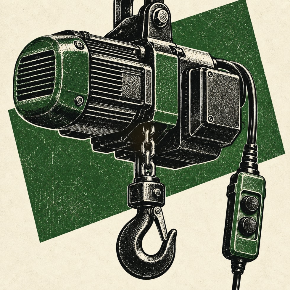 Elektrisches Hebezeug mit Haken und Handsteuerung; freie redaktionelle Illustration, keine Darstellung tatsächlicher Produkte oder Betriebsausstattung