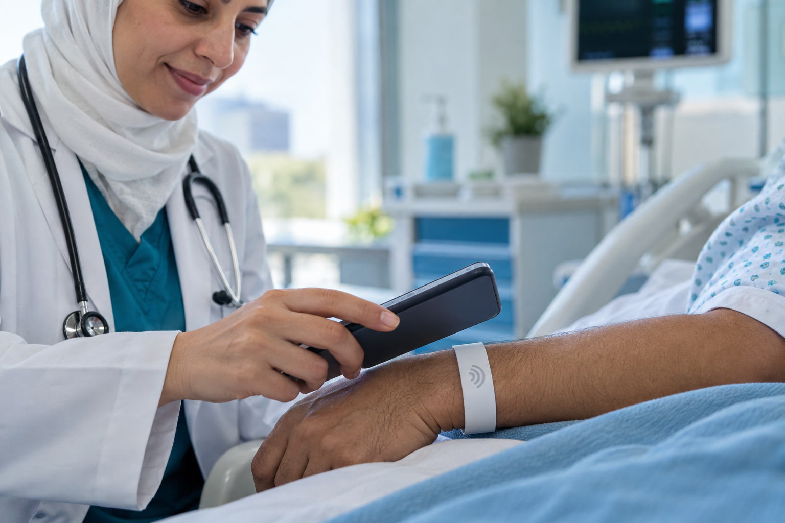 صورة توضيحية لقراءة سوار NFC طبي بهاتف ذكي في عيادة حديثة