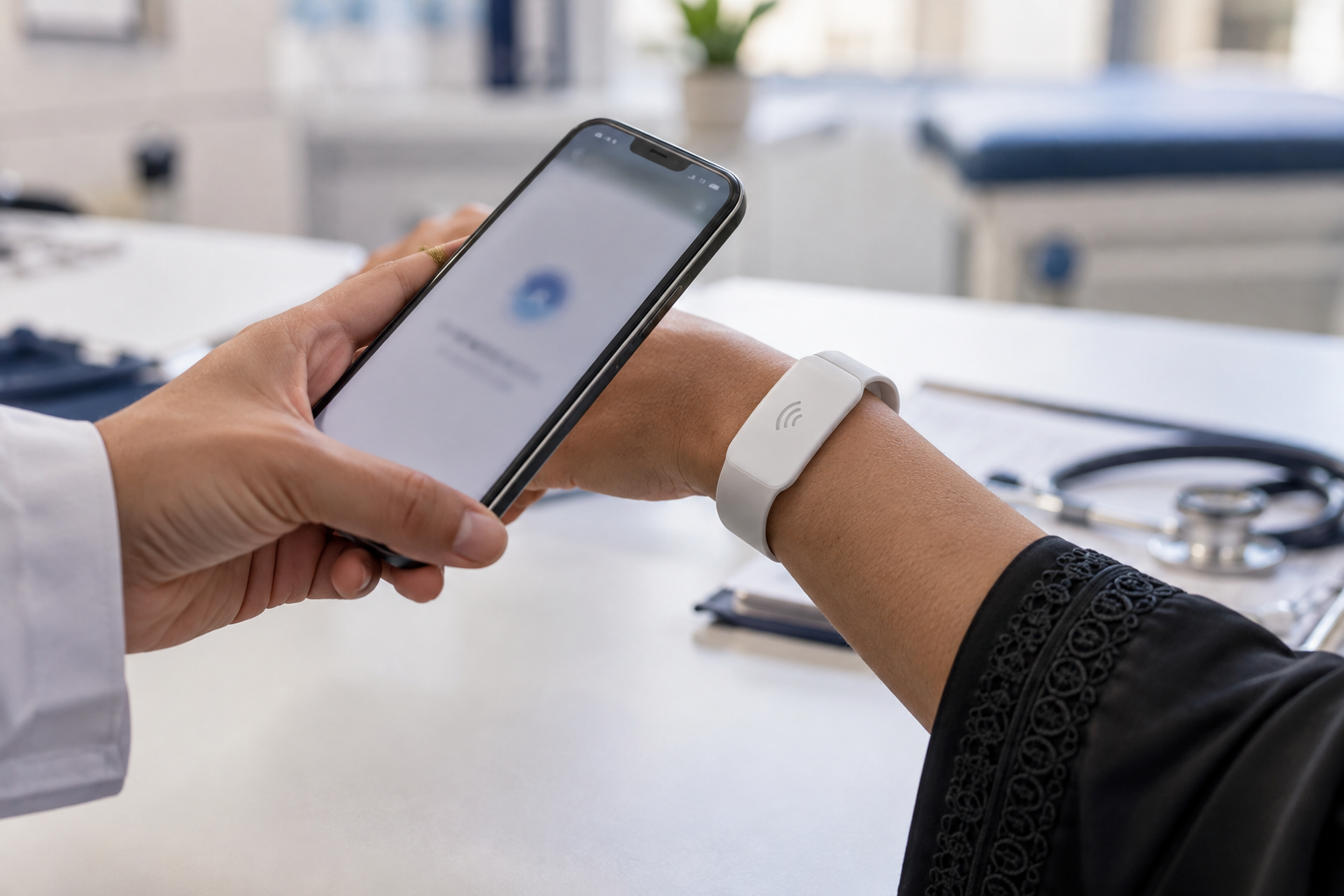 لقطة قريبة لهاتف ذكي وسوار تعريف طبي قبل إجراء قراءة NFC