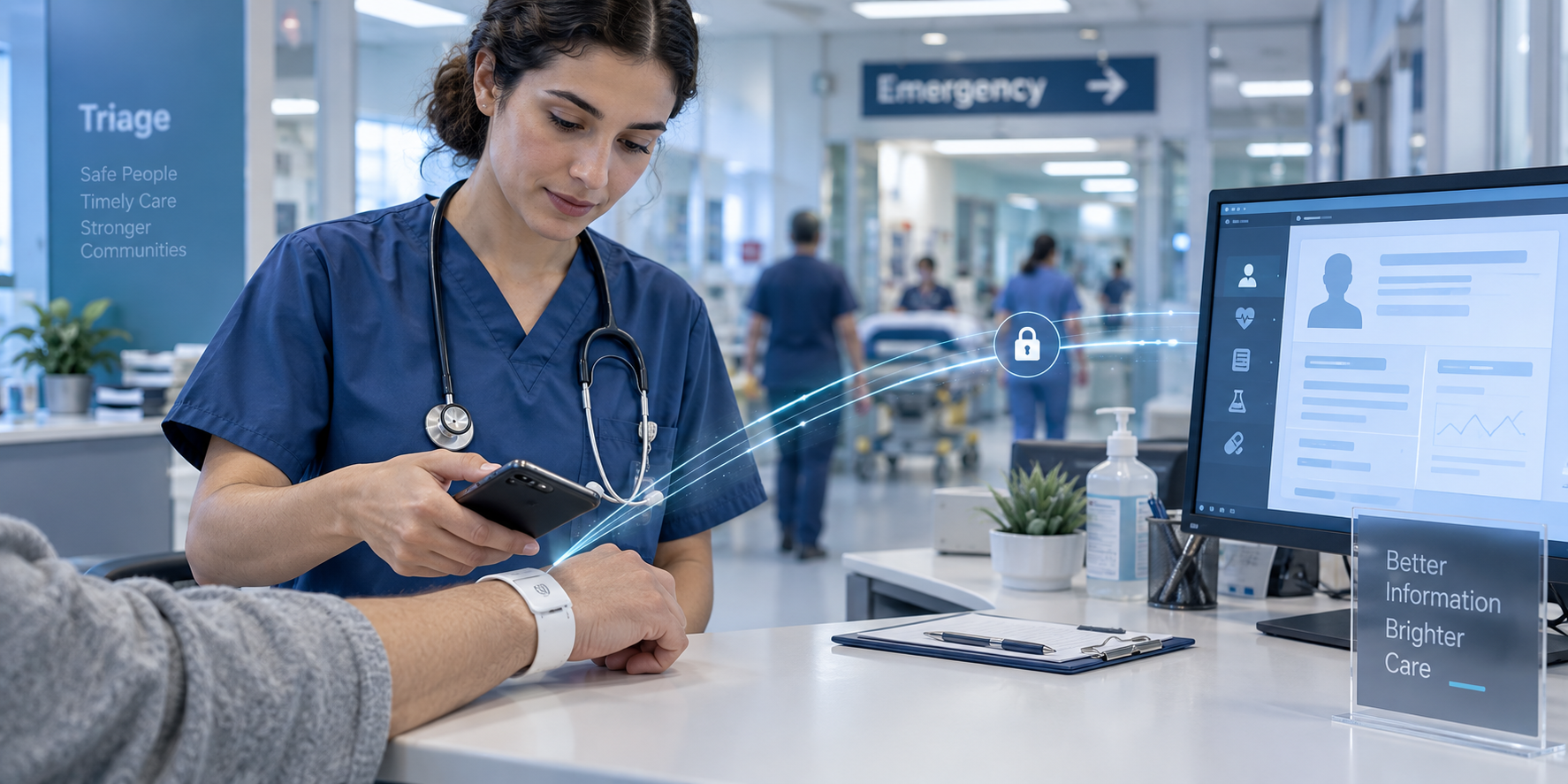 طبيب يستخدم هاتفًا يدعم NFC للتعريف بالمريض في قسم الطوارئ