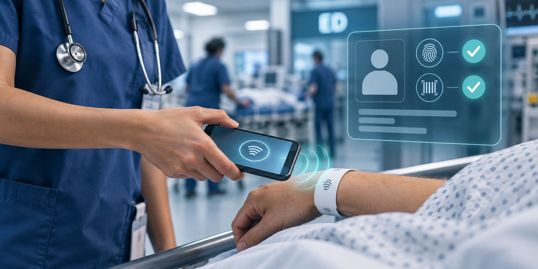 موظف صحي يستخدم هاتفًا يدعم NFC للتحقق من هوية المريض داخل المستشفى
