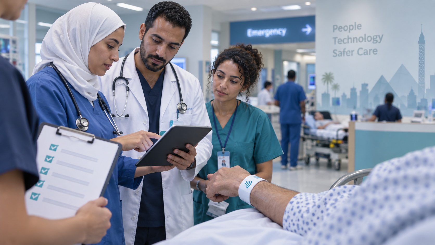 فريق صحي يختبر مسار تعريف المرضى الرقمي باستخدام سوار NFC داخل المستشفى