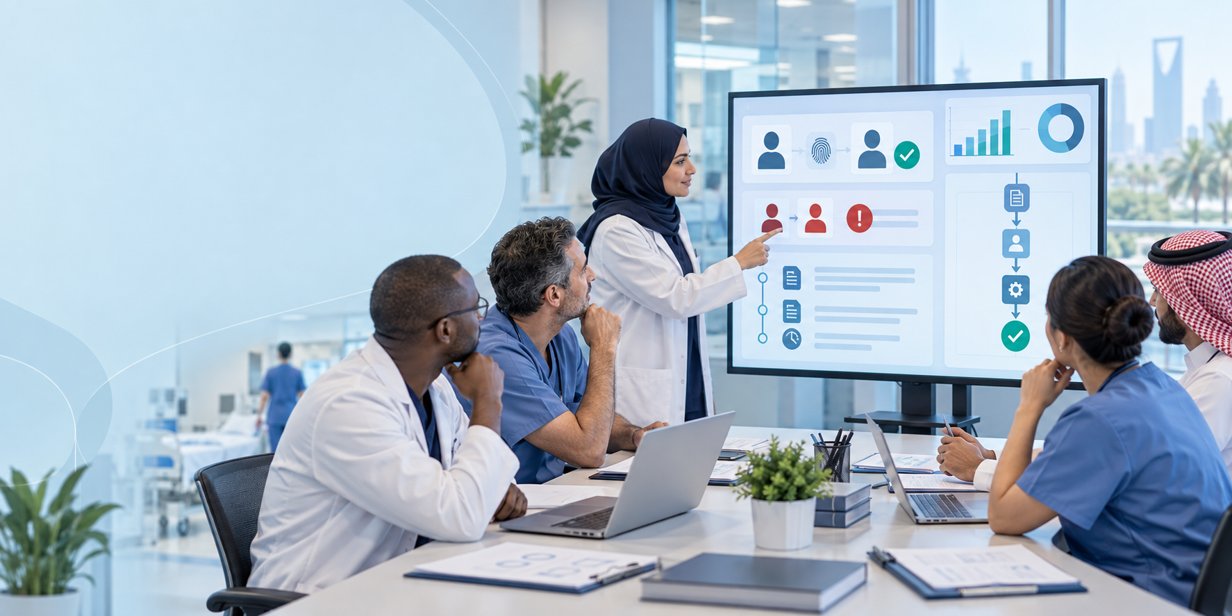 فريق جودة في مستشفى يراجع مؤشرات مطابقة هوية المرضى وخطة الإجراءات التصحيحية