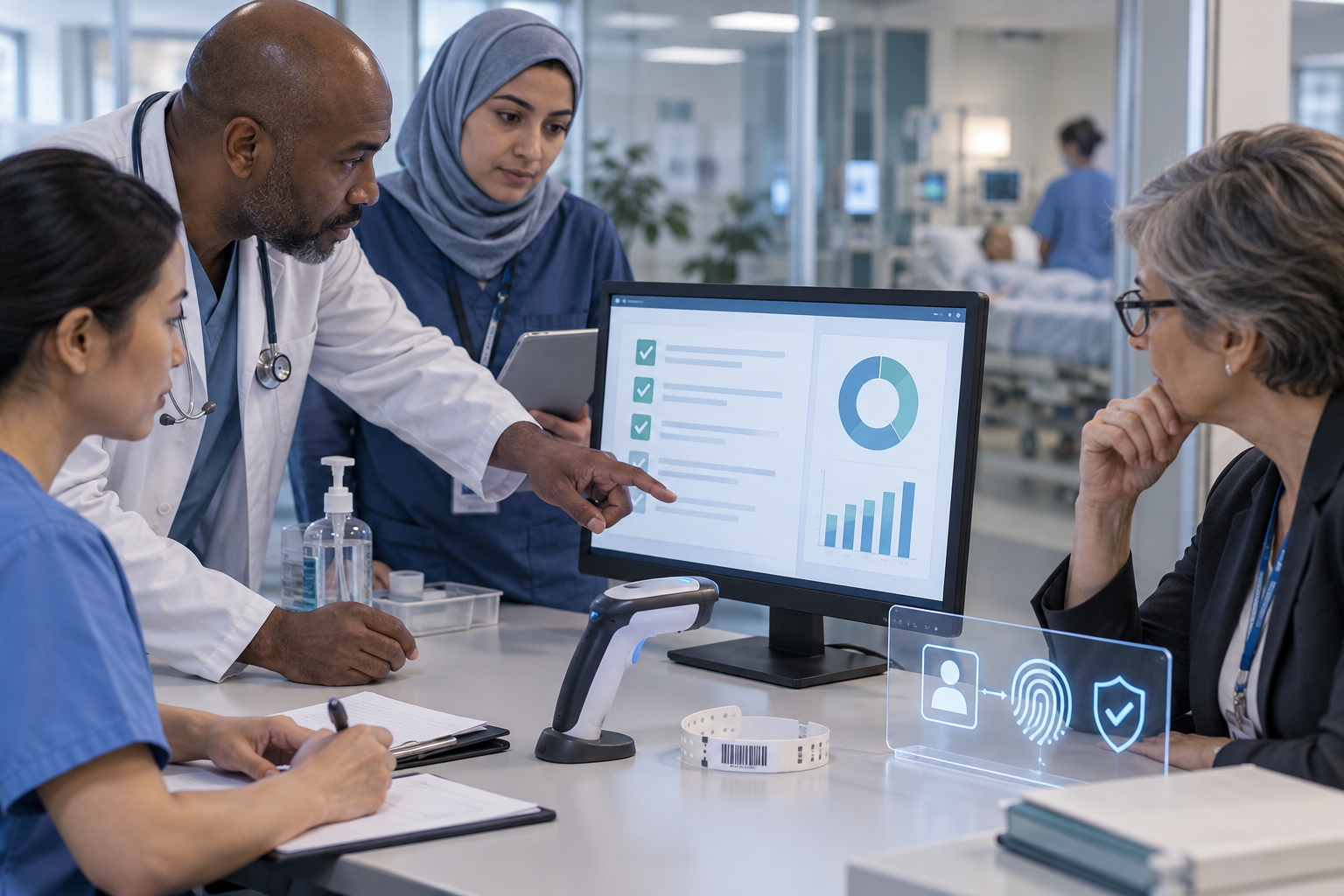 فريق جودة في مستشفى يراجع تدقيق نظام تعريف المرضى وسير العمل الرقمي
