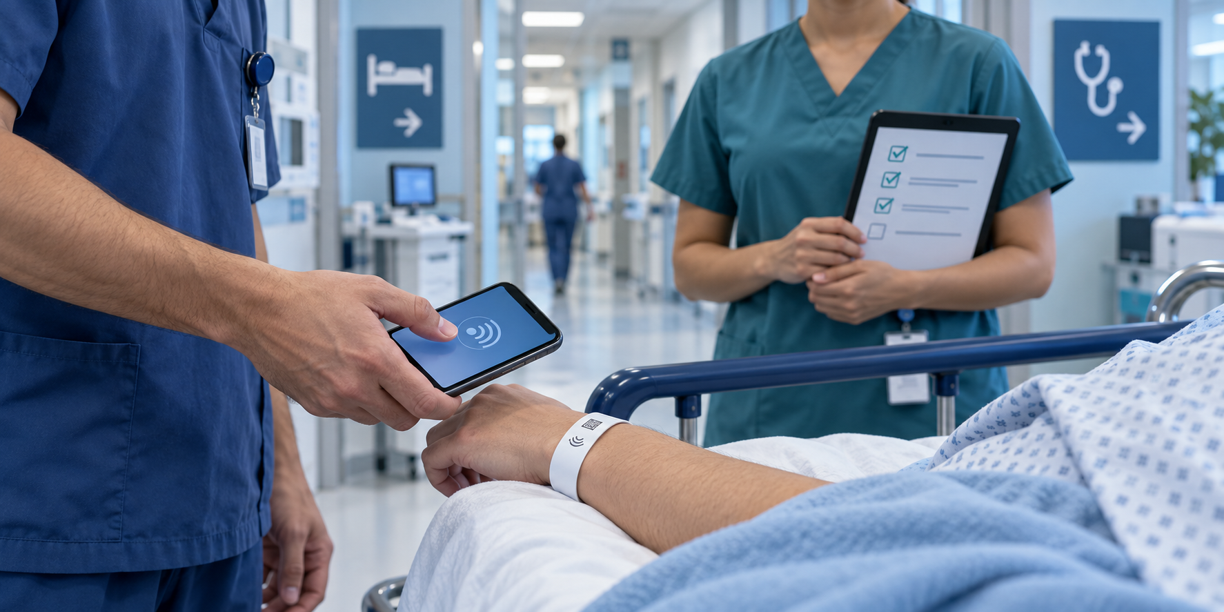 فريق صحي يتحقق من هوية المريض أثناء نقله بين أقسام المستشفى باستخدام هاتف يدعم NFC