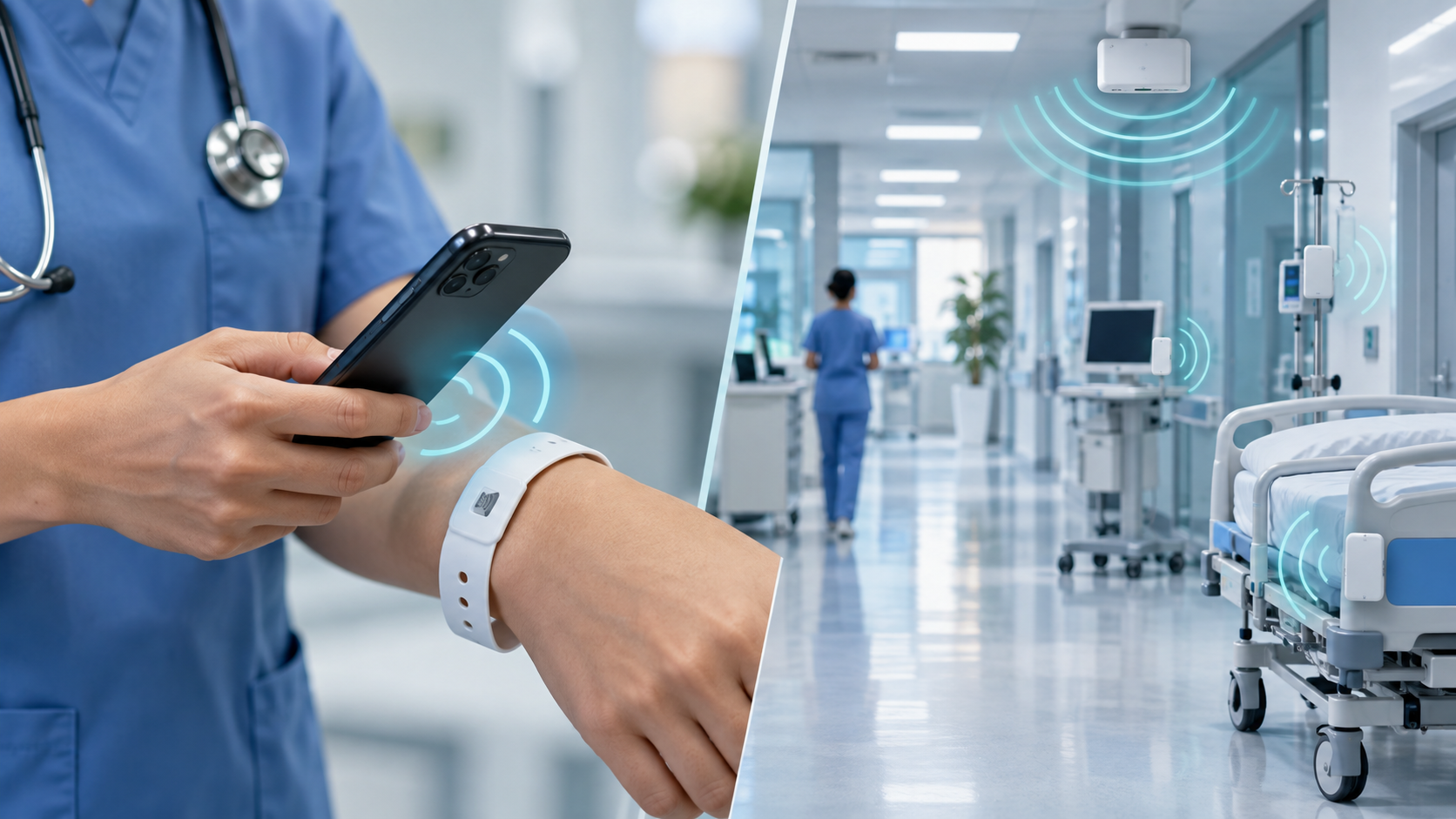 مقارنة توضيحية بين استخدام NFC وRFID في تعريف المرضى وسير العمل داخل المستشفى