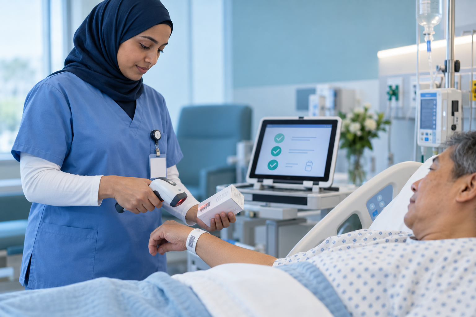 ممرضة تتحقق من هوية المريض قبل إعطاء الدواء باستخدام سوار وقارئ رقمي