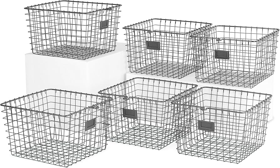 wire baskets with labels