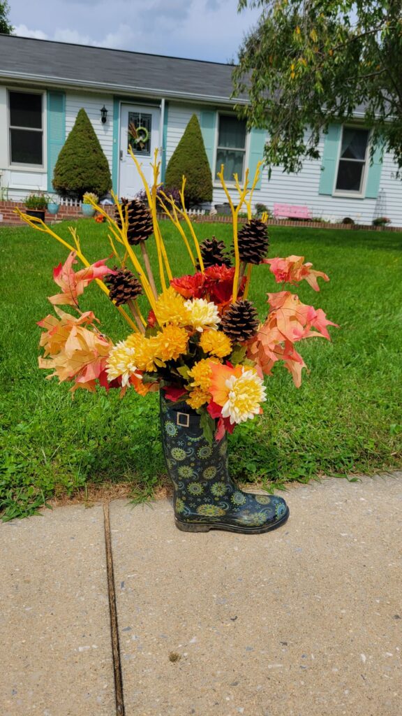 rain boot flower arrangement