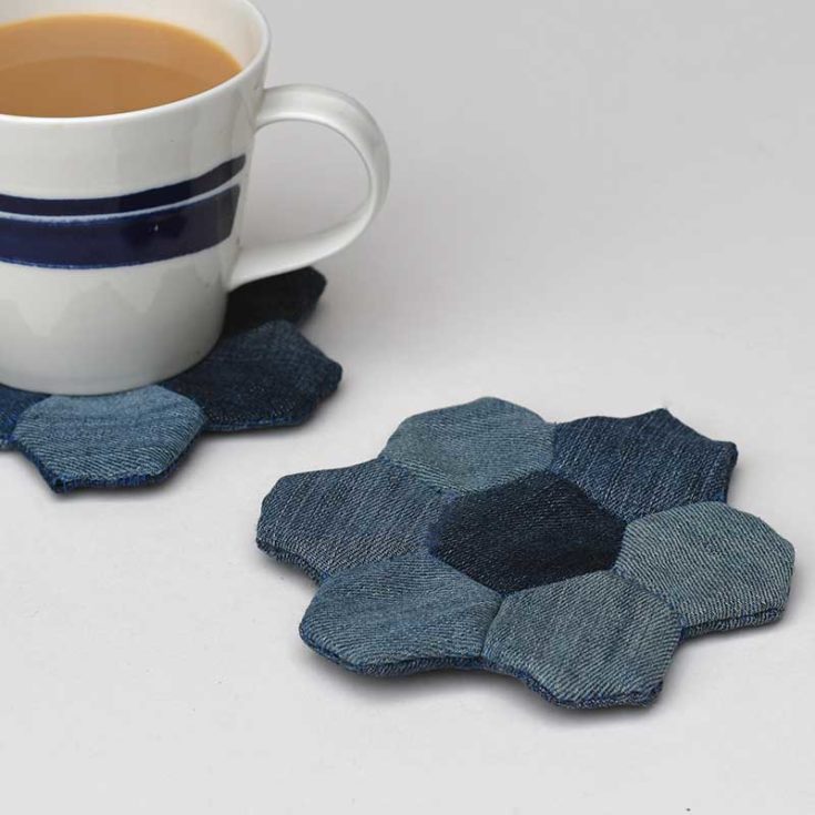 denim hexagon coasters applique