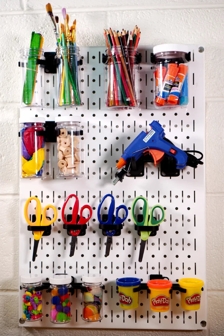 kids room pegboard wall with hooks