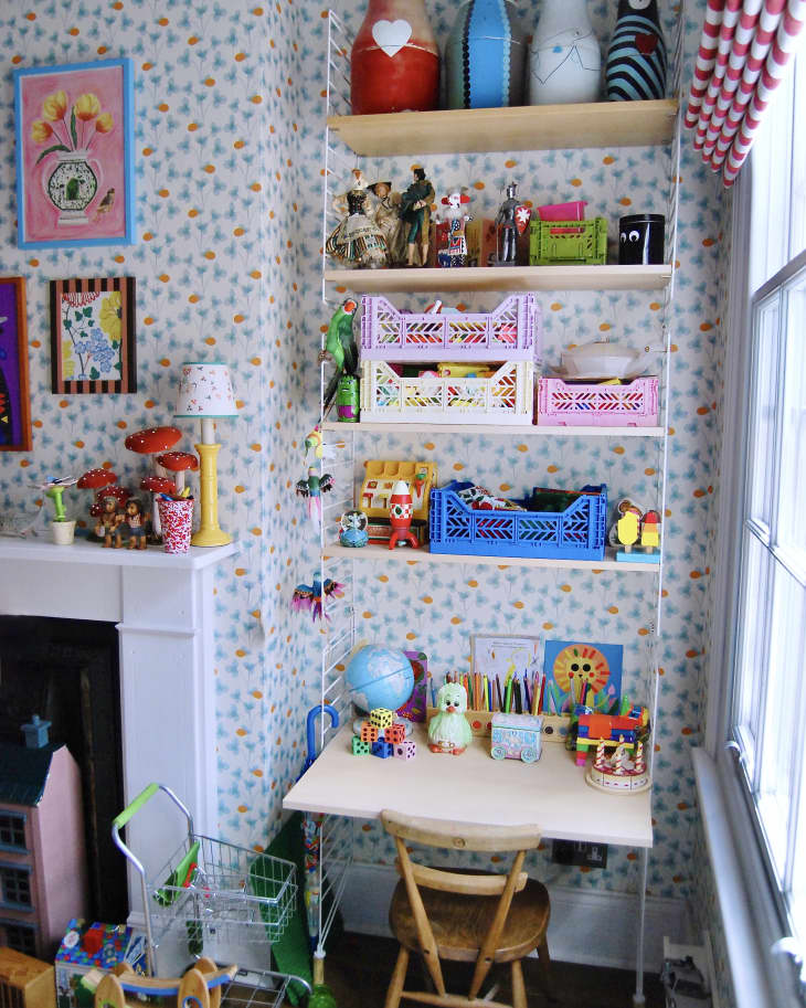 stacked colorful crates kids room shelf