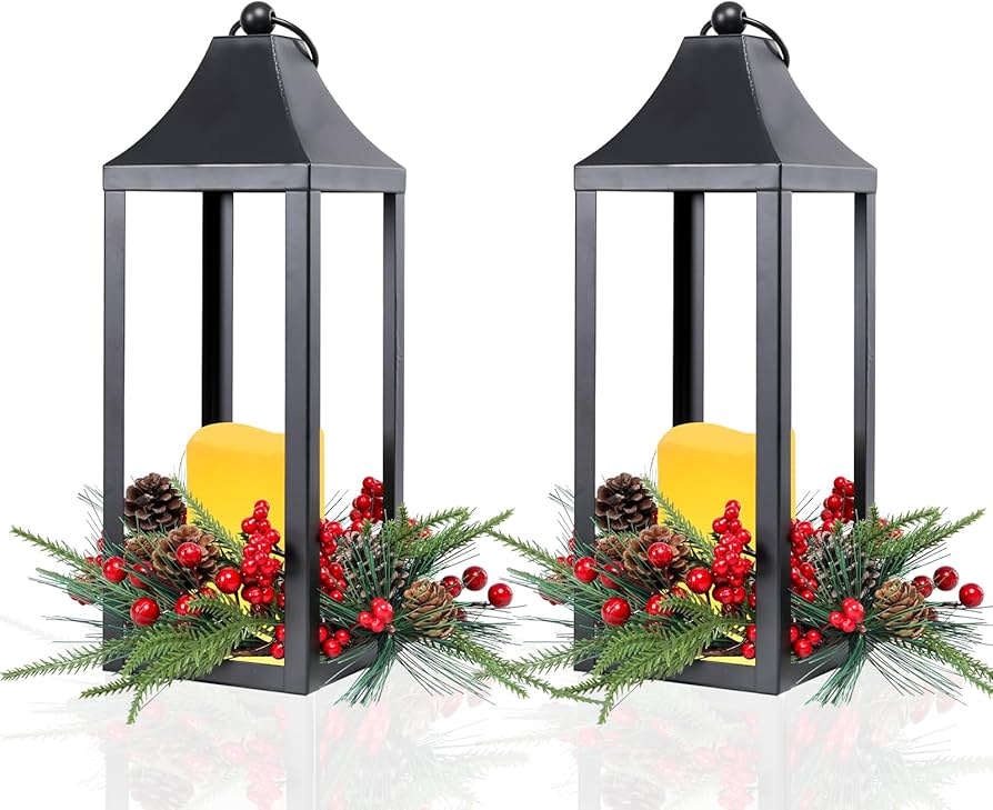 lantern pinecones string lights porch