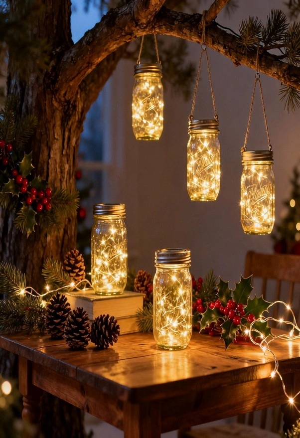 mason jar string lights porch railing