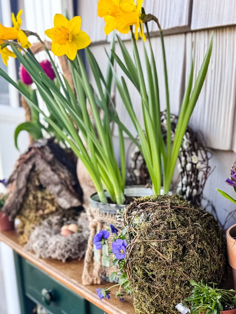 foraged branch wreath potted flowers porch door