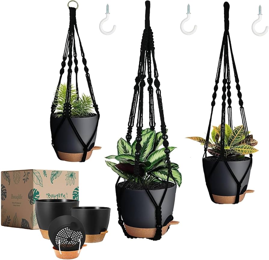 macrame wrapped tin cans hanging on porch