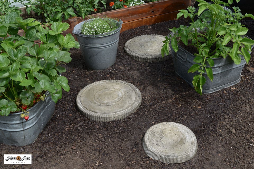 tin cans embedded in garden stepping stones