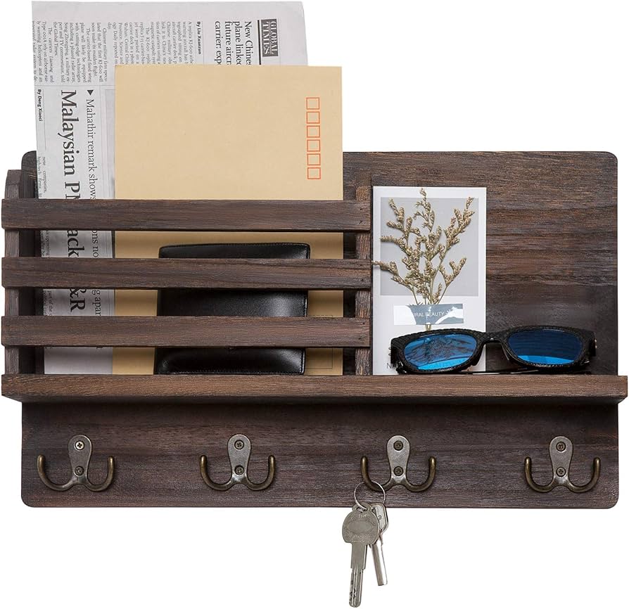 floating wooden shelves with key hooks entryway
