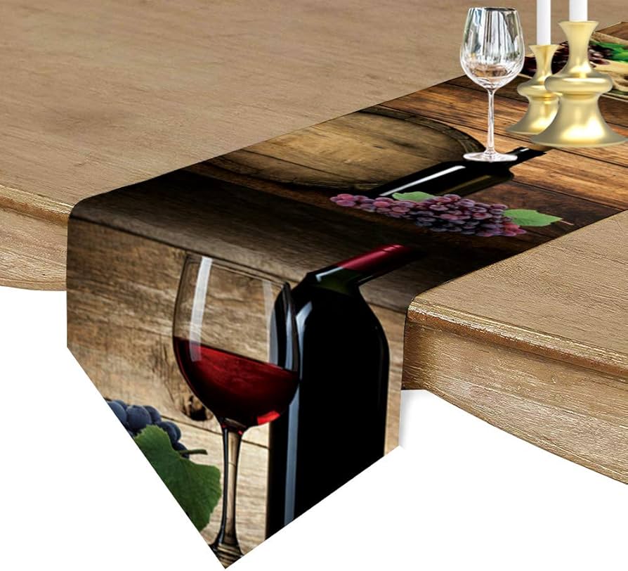 burlap table runner on outdoor wooden dining table