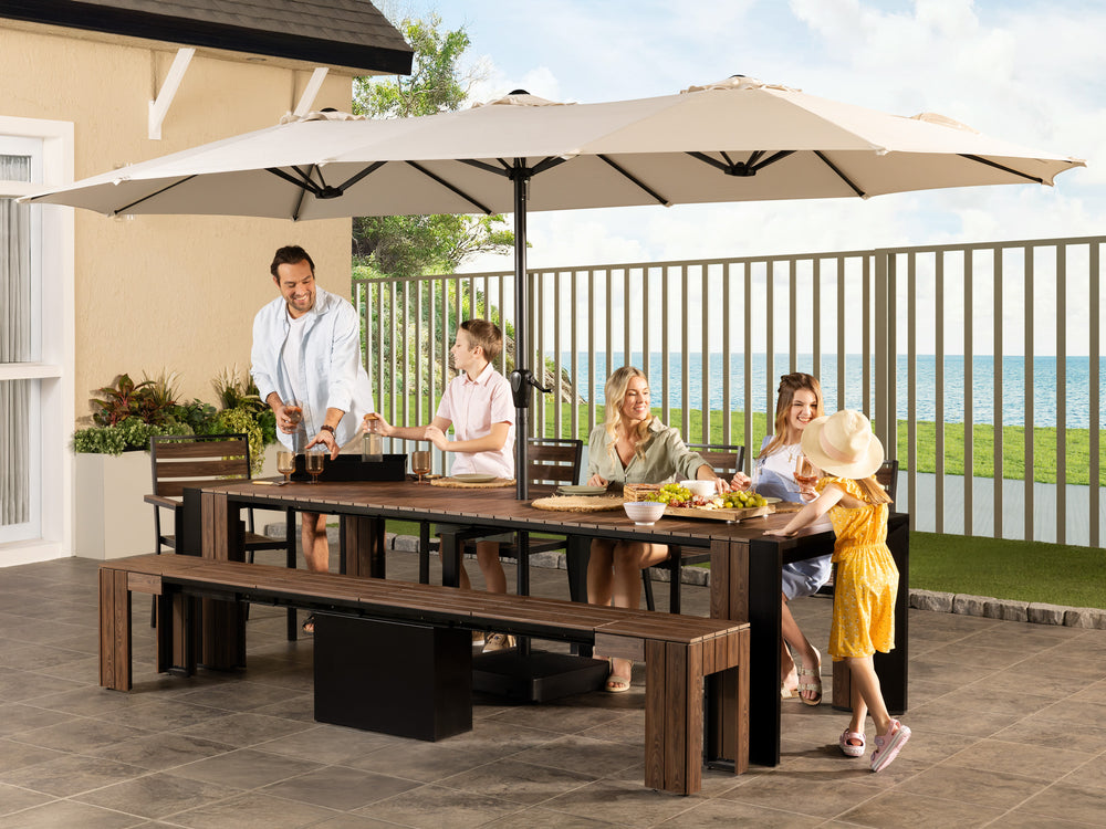 wooden market umbrella over outdoor dining table