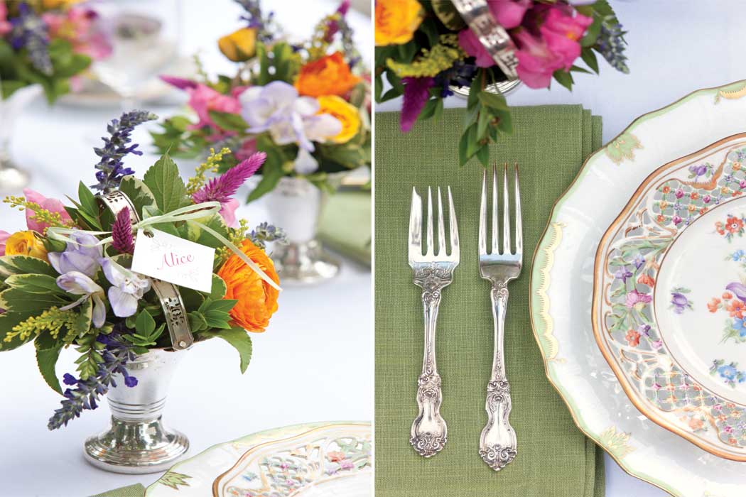 mismatched floral china plates on outdoor table