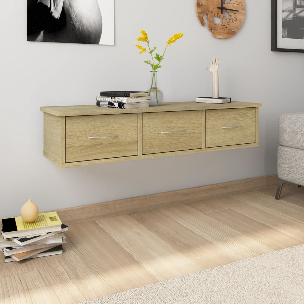 wooden drawer mounted as floating shelf with vases