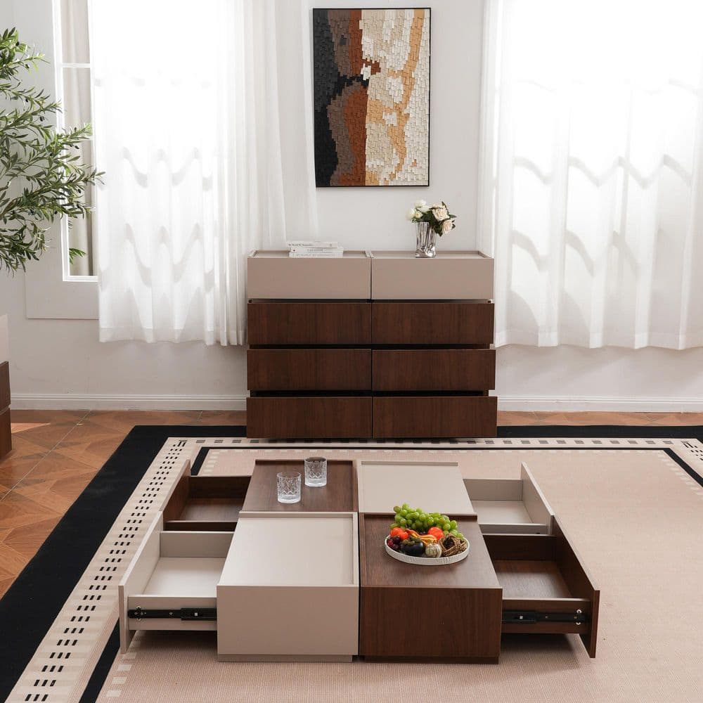 stacked drawers forming coffee table base with glass top