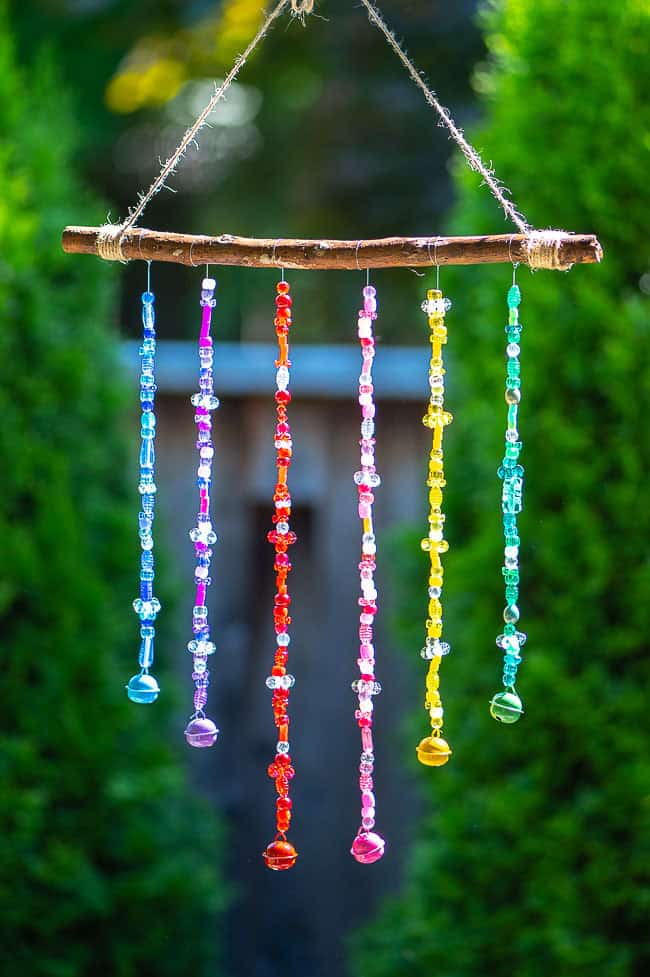 beaded wind chimes hanging outdoors