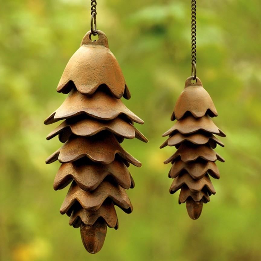 pinecone wind chimes hanging outdoors