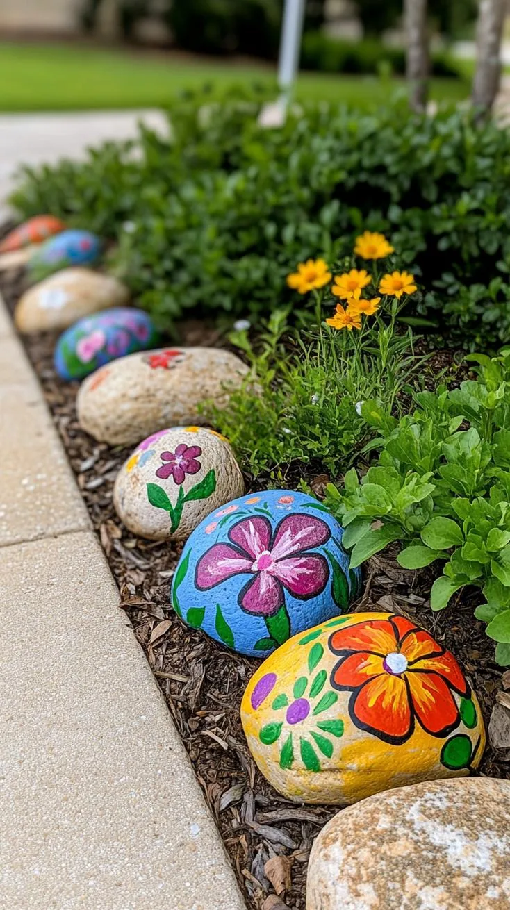 floral painted rocks garden
