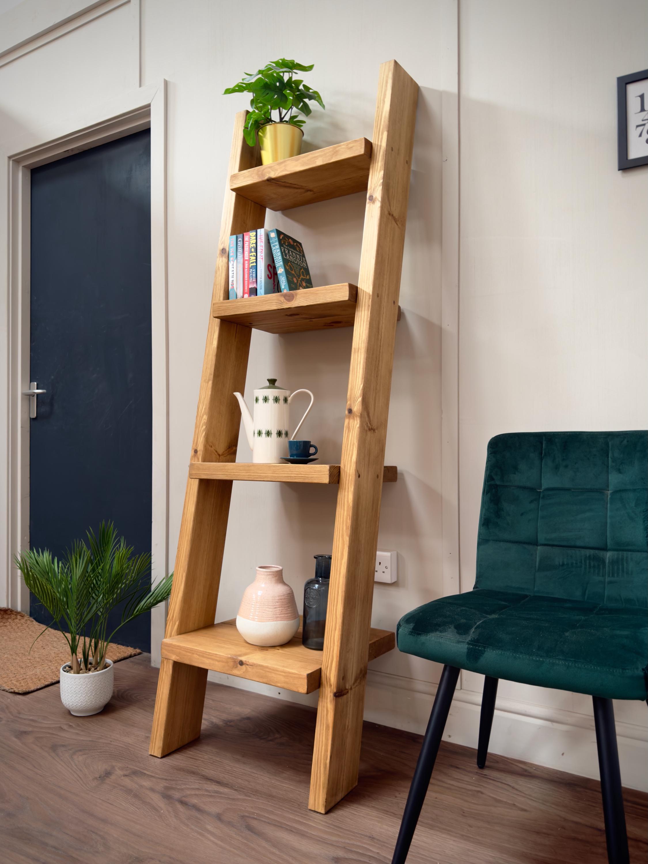 repurposed wooden ladder bookshelf living room