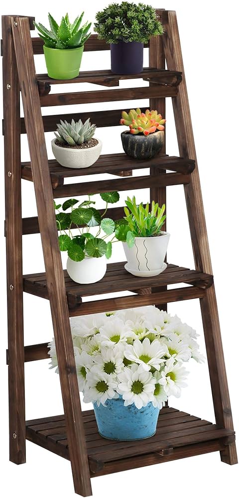 wooden ladder with potted plants
