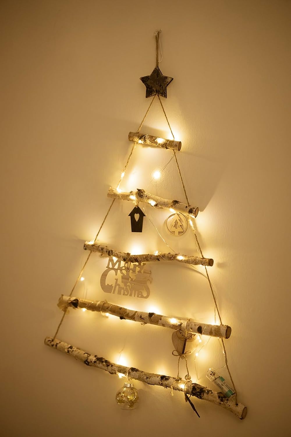 wooden ladder with string lights