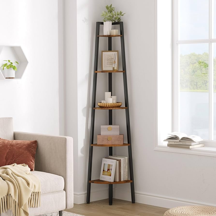 wooden ladder corner shelf with decor