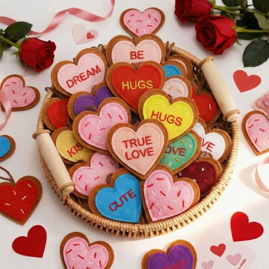 felt heart ornaments on tree